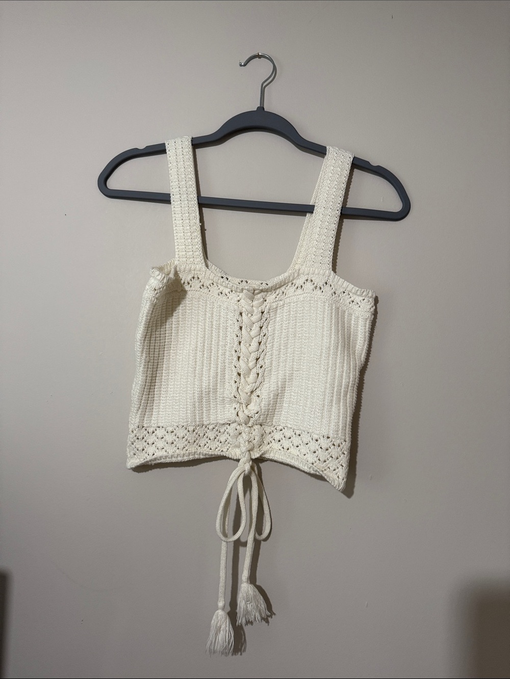 Shyanne Cream Crochet Lace-Up Cropped Tank